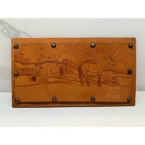 Vintage Hand Tooled Western Horse Barn Leather Wood Panel Art